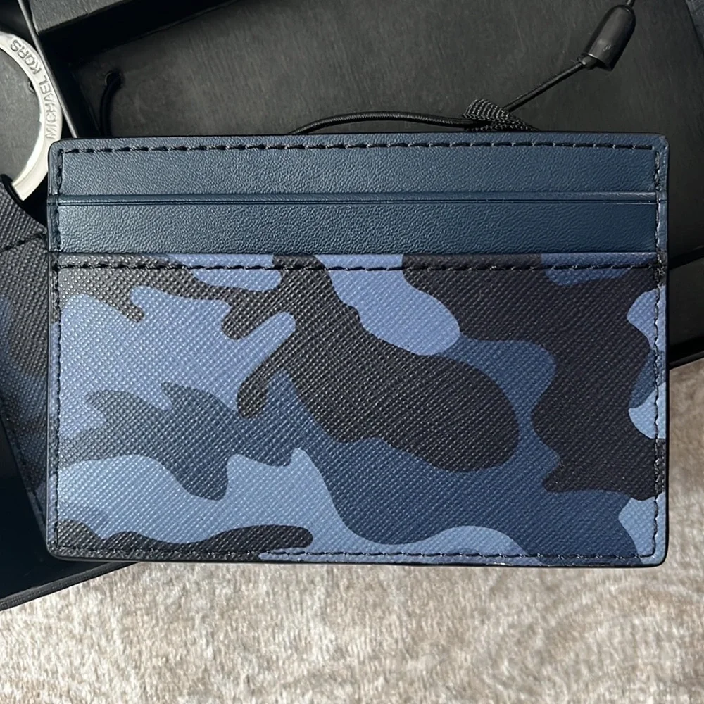 Brand New Michael Kors Admiral Blue Camo Card Holder Case & Key Fob Ring Set